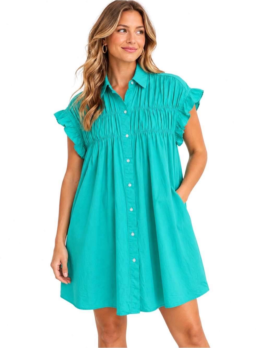 LILI SIDONIO Turquoise Smocked Ruffle Sleeve Cotton Shirt Dress XS